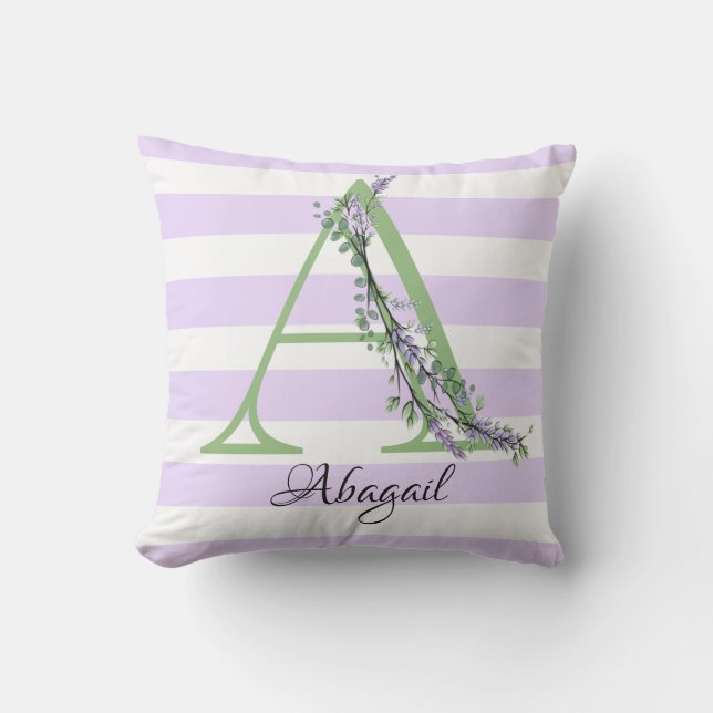Lavender light purple white strips monogram cushion (Front)