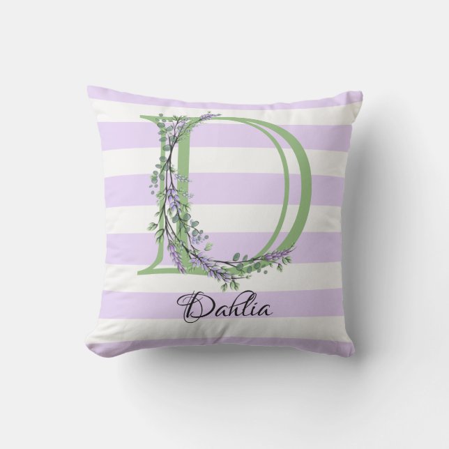 Lavender light purple white strips monogram cushion (Front)