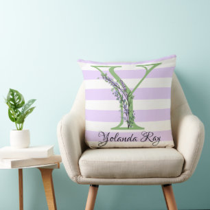 Lavender light purple white strips monogram cushion