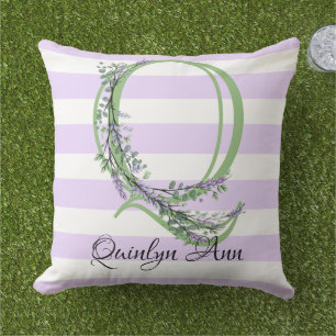 Lavender light purple white strips monogram cushion
