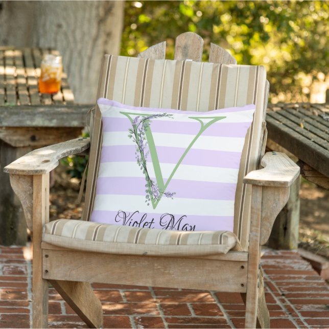 Lavender light purple white strips monogram cushion (Chair)