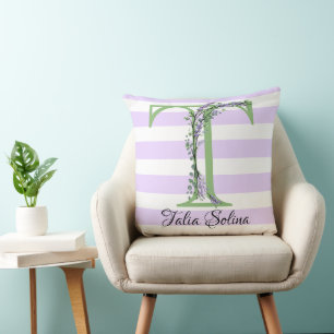 Lavender light purple white strips monogram cushion