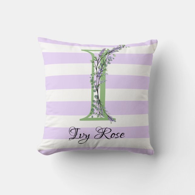Lavender light purple white strips monogram cushion (Front)