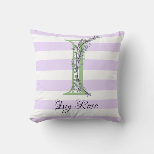Lavender light purple white strips monogram cushion (Front)