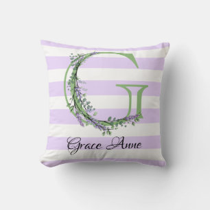 Lavender light purple white strips monogram cushion