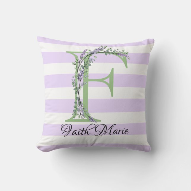 Lavender light purple white strips monogram cushion (Front)
