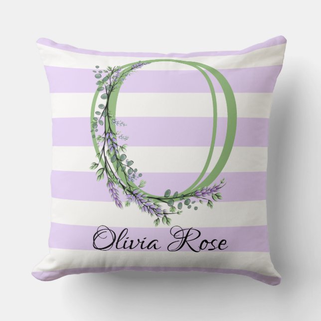 Lavender light purple white strips monogram cushion (Front)