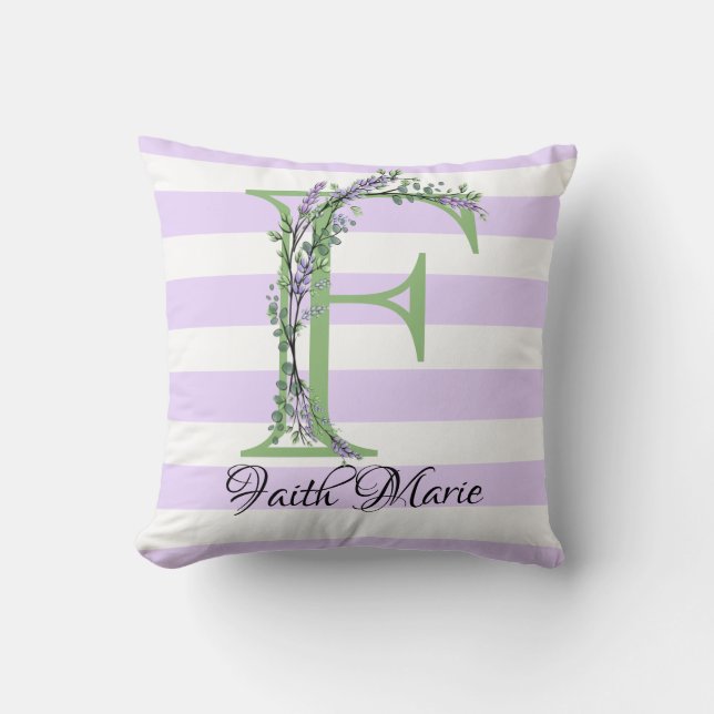 Lavender light purple white strips monogram cushion (Front)