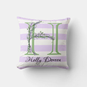 Lavender light purple white strips monogram cushion