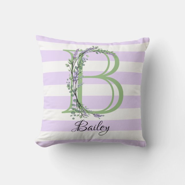 Lavender light purple white strips monogram cushion (Front)