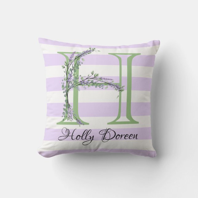 Lavender light purple white strips monogram cushion (Front)
