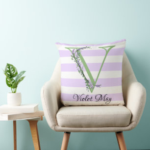 Lavender light purple white strips monogram cushion
