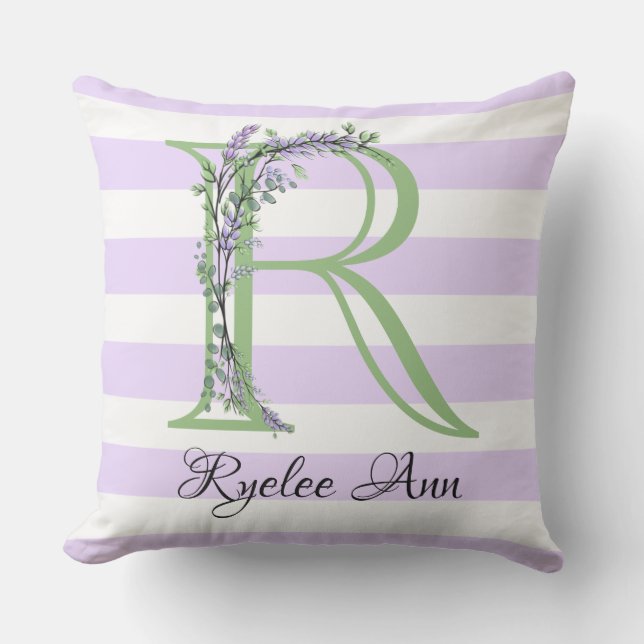 Lavender light purple white strips monogram cushion (Front)