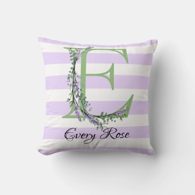 Lavender light purple white strips monogram cushion (Front)