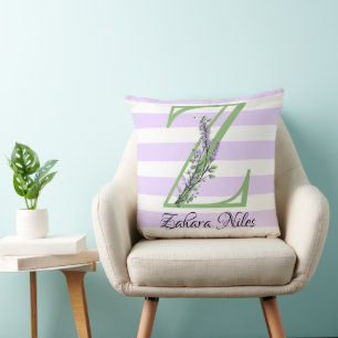 Lavender light purple white strips monogram cushion