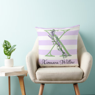 Lavender light purple white strips monogram cushion