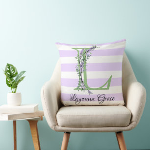 Lavender light purple white strips monogram cushion