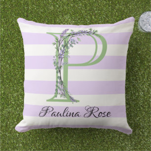 Lavender light purple white strips monogram cushion