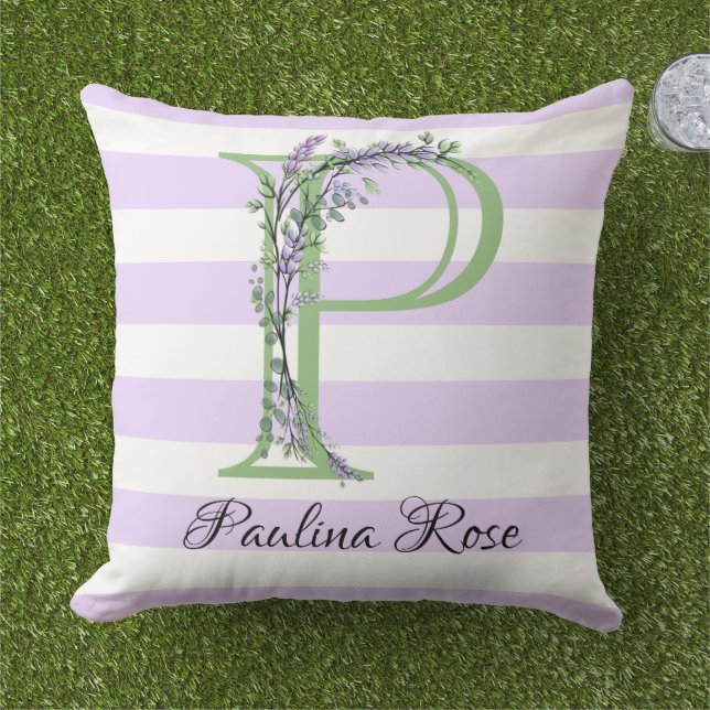 Lavender light purple white strips monogram cushion (Grass)