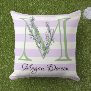 Lavender light purple white strips monogram cushion