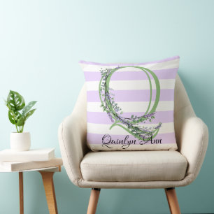 Lavender light purple white strips monogram cushion