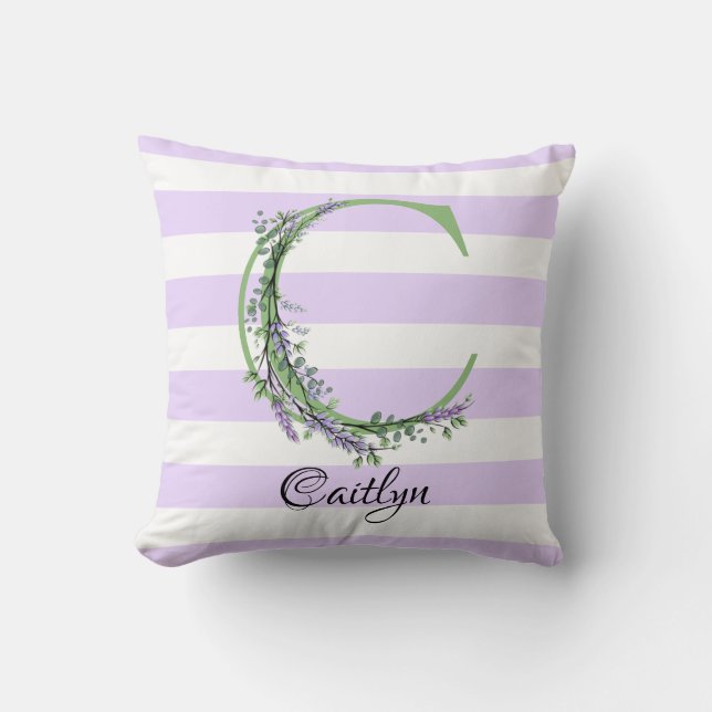Lavender light purple white strips monogram cushion (Front)