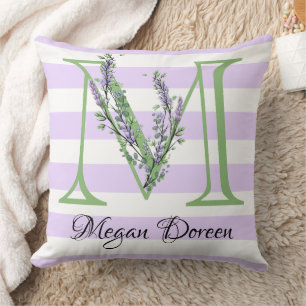 Lavender light purple white strips monogram cushion