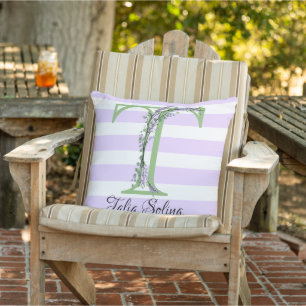 Lavender light purple white strips monogram cushion