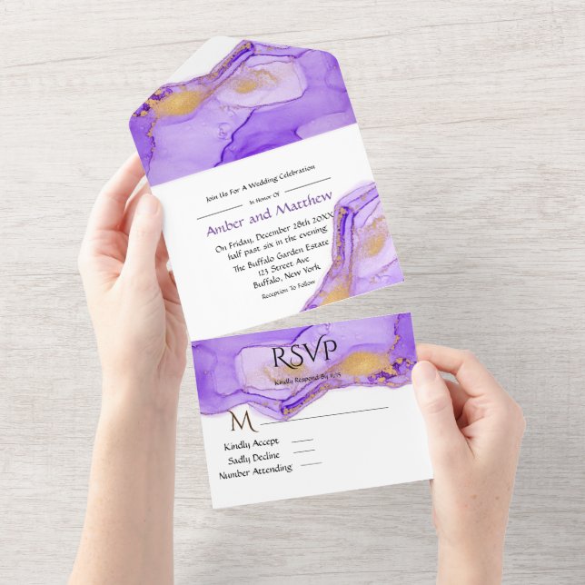 Lavender Lilac Alcohol Ink Wedding All In One Invi Invitation (Tearaway)