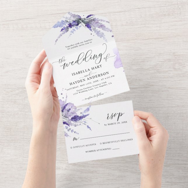 Lavender Lilac Elegant Floral Botanical Wedding All In One Invitation (Tearaway)