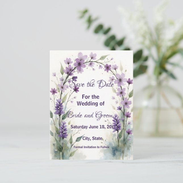 Lavender Lilac Floral Arch Save the Date Postcard (Standing Front)