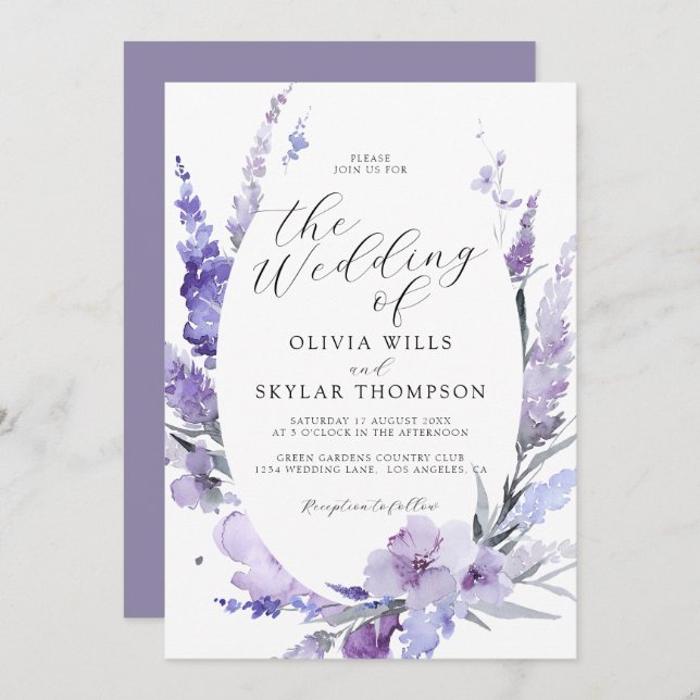 Lavender Lilac Floral Botanical Purple Wedding  Invitation (Front/Back)