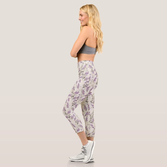Lavender Lilac Flower Design Capri Leggings (Left)