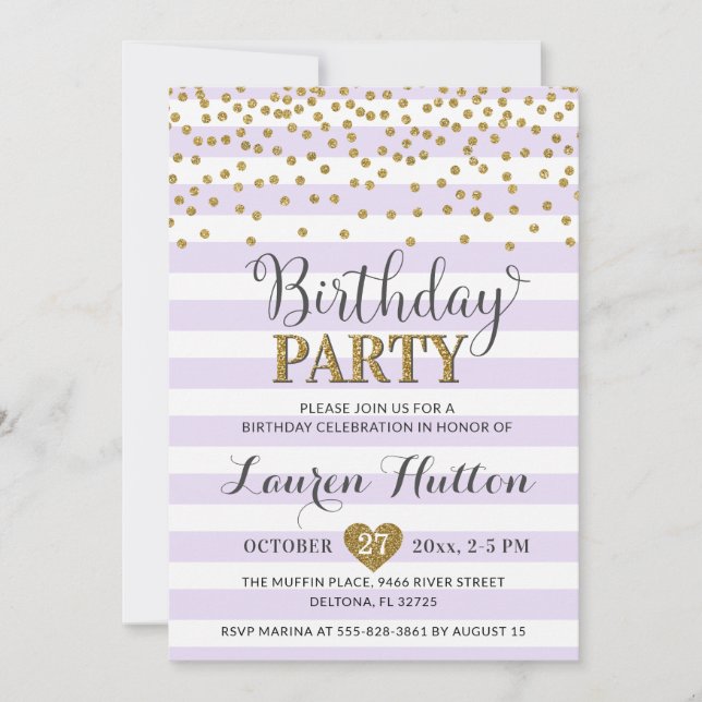 Lavender Lilac Gold Glitter Elegant Birthday Party Invitation (Front)