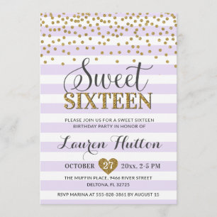 Lavender Lilac Gold Sweet Sixteen Party Birthday Invitation