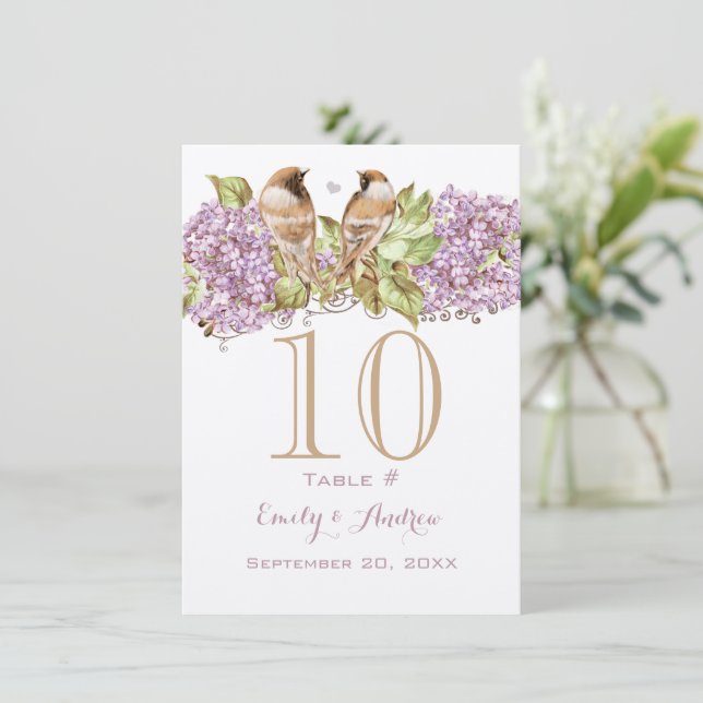Lavender Lilac Love Bird Wedding Table Number Card (Standing Front)