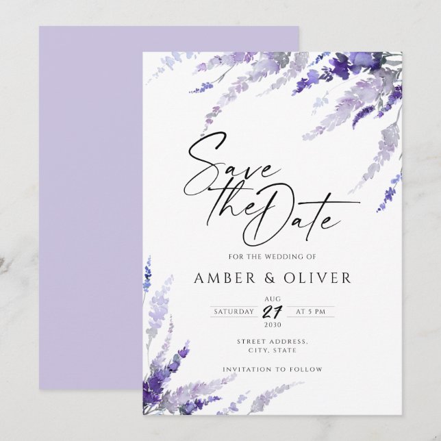Lavender Lilac Mauve Floral Elegant Save The Date Invitation (Front/Back)