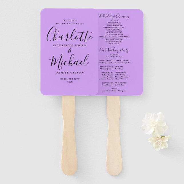 Lavender Lilac Orchid Script Wedding Program Hand Fan (Front and Back)