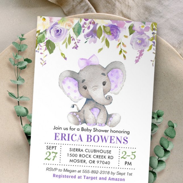 Lavender Lilac Purple Girl Elephant Baby Shower Invitation (Creator Uploaded)