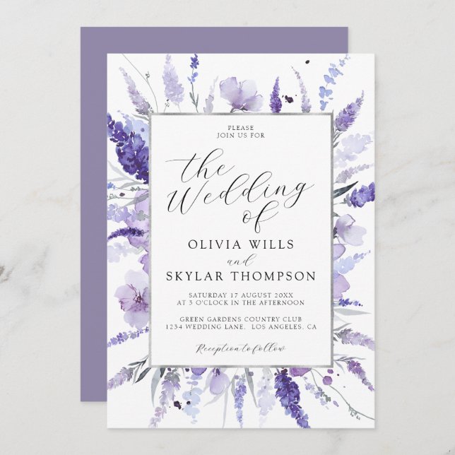 Lavender Lilac Silver Floral Botanical Wedding  Invitation (Front/Back)
