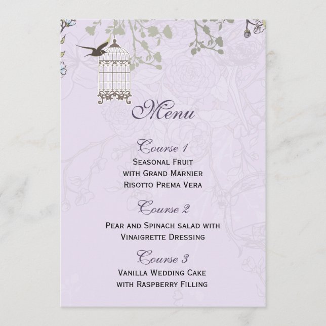 Lavender Lilac vintage birdcage birds wedding Menu (Front)