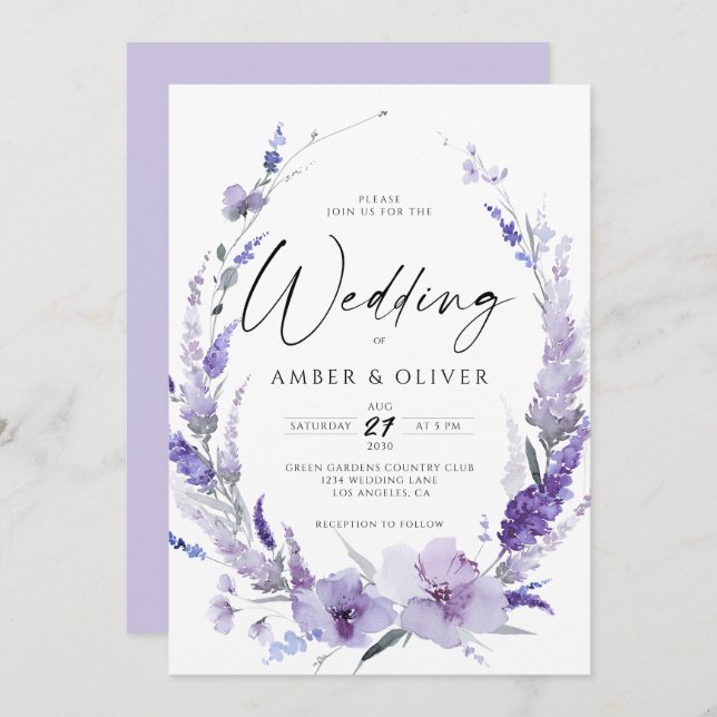 Lavender Lilac Violet Elegant Modern Wedding Invitation (Front/Back)
