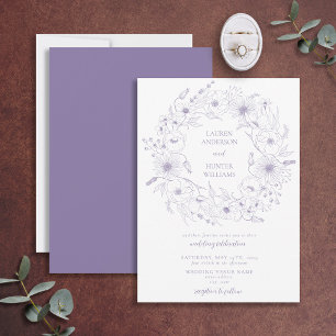 Lavender Line Art Floral Wreath Wedding Invitation