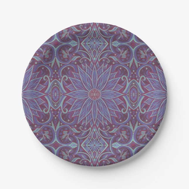 Lavender Lotus Floral Arabesque Pattern Paper Plate (Front)