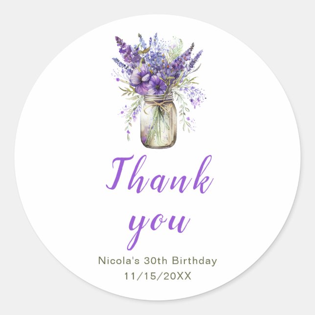 Lavender Mason Jar Birthday Classic Round Sticker (Front)