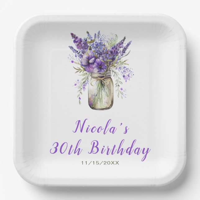 Lavender Mason Jar Birthday Paper Plate (Front)