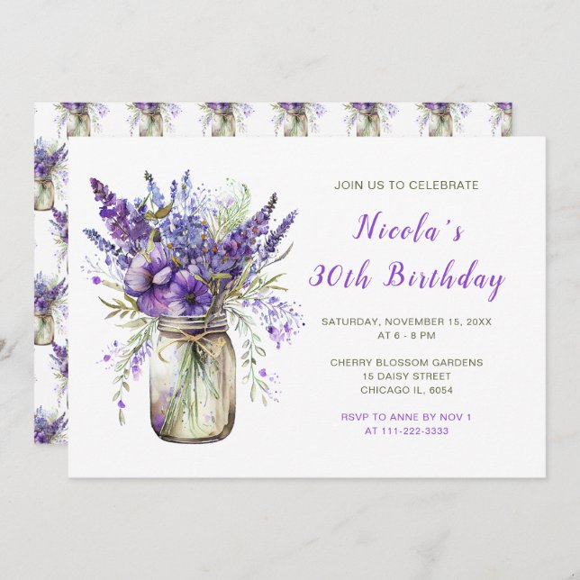 Lavender Mason Jar Birthday Party Invitation (Front/Back)