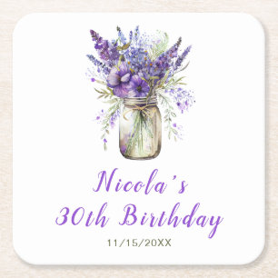 Lavender Mason Jar Birthday Square Paper Coaster