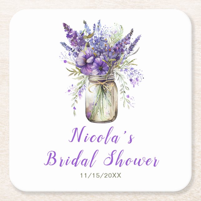 Lavender Mason Jar Bridal Shower  Square Paper Coaster (Front)