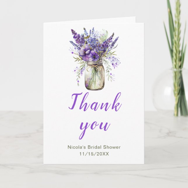 Lavender Mason Jar Bridal Shower Thank You Card (Front)